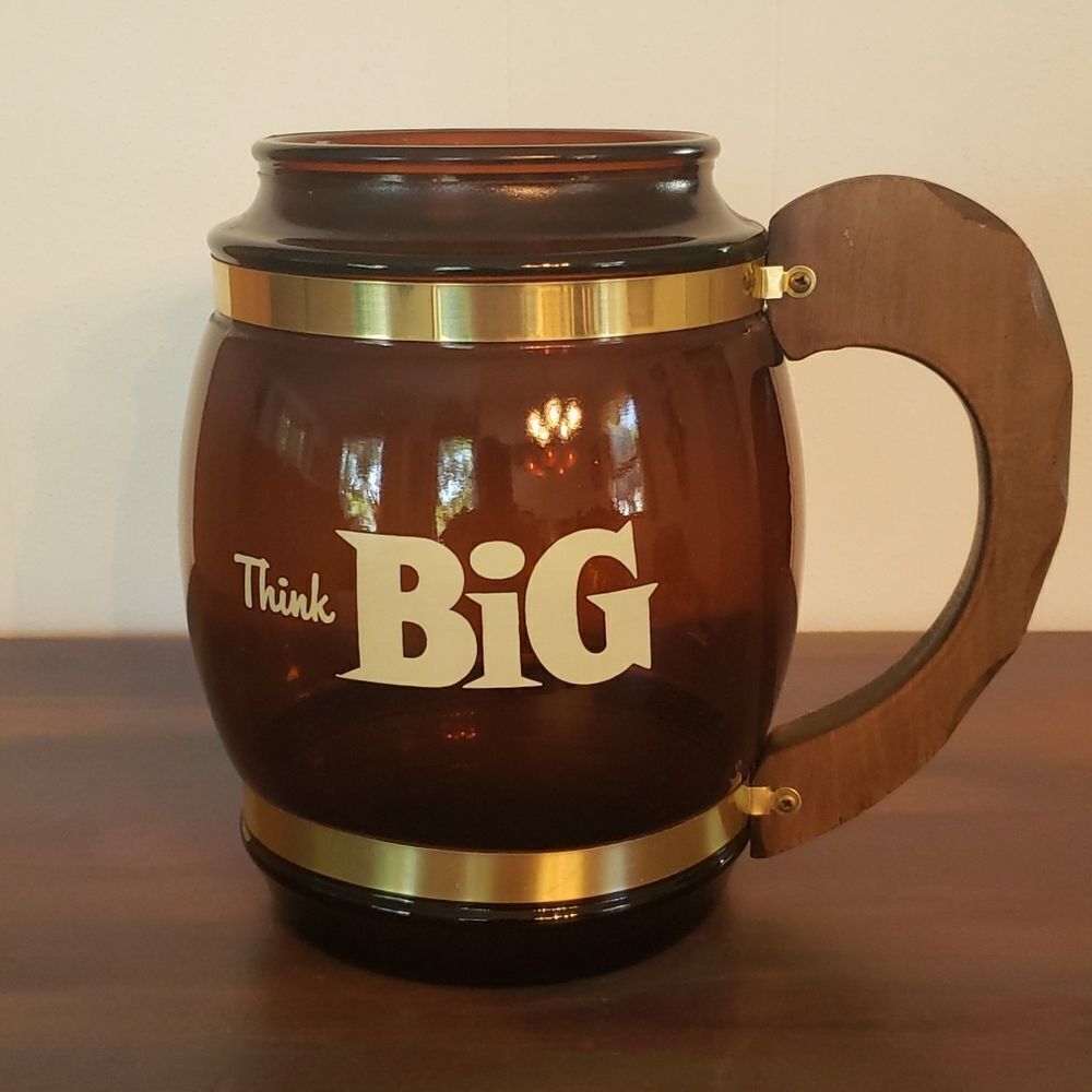 Vtg Giant Glass Beer Mug with Wooden Handle and Gold Colored Hardware 8" High!